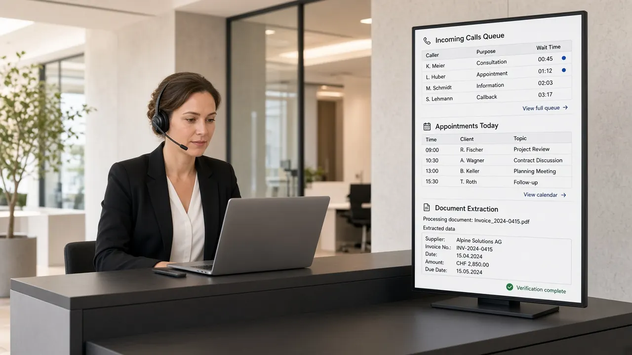 Arbeitsplatz mit menschlicher Kollegin und digitalem Mitarbeiter auf dem zweiten Bildschirm